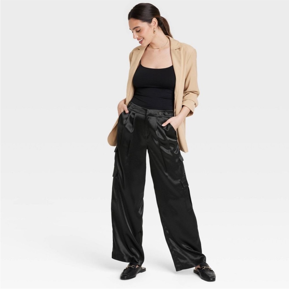 NWT A New Day Women's Straight Relaxed High Rise Satin Cargo Pants Glossy